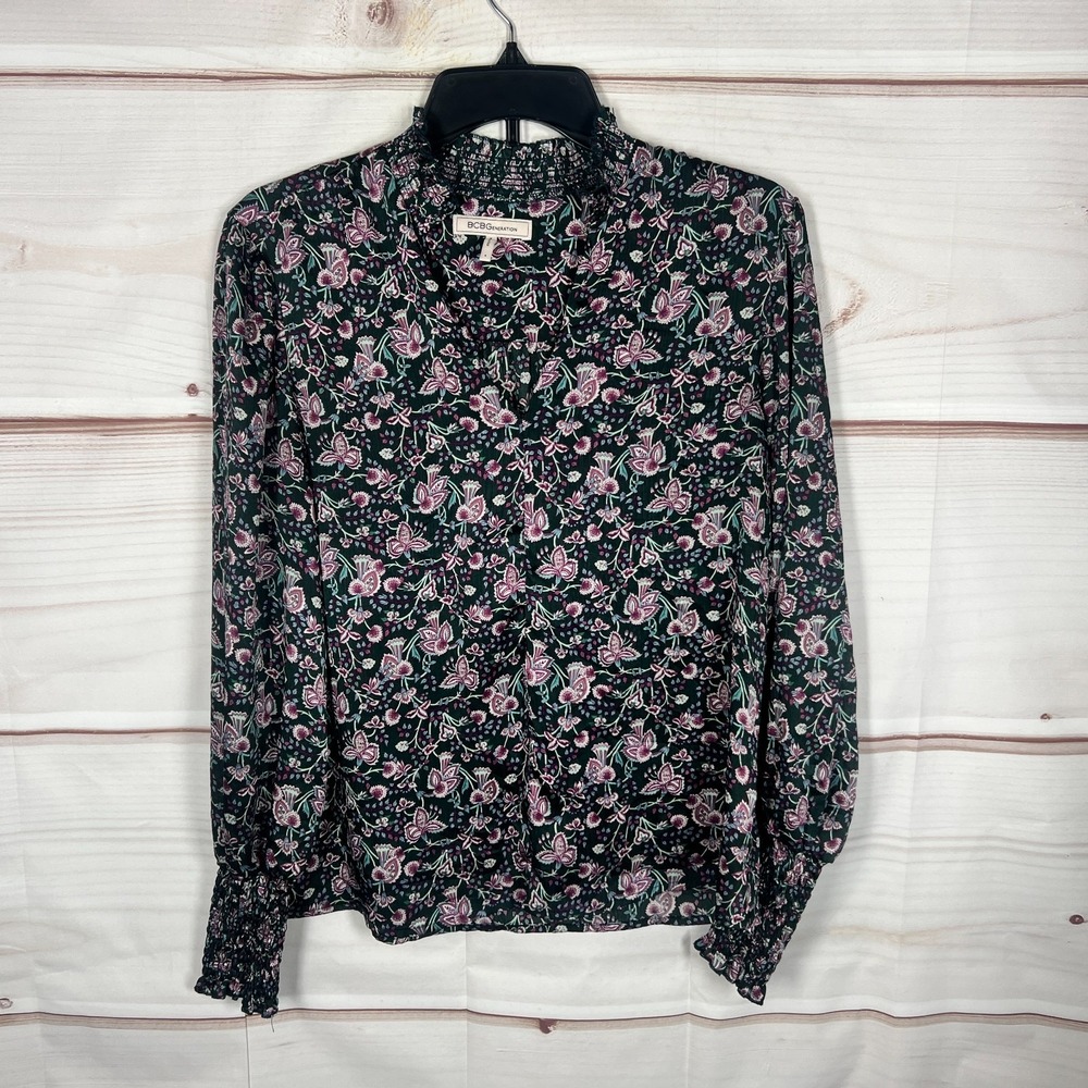 BCBGeneration Top Womens XS Black Floral Blouse Satin Smocked Cuff Pullover